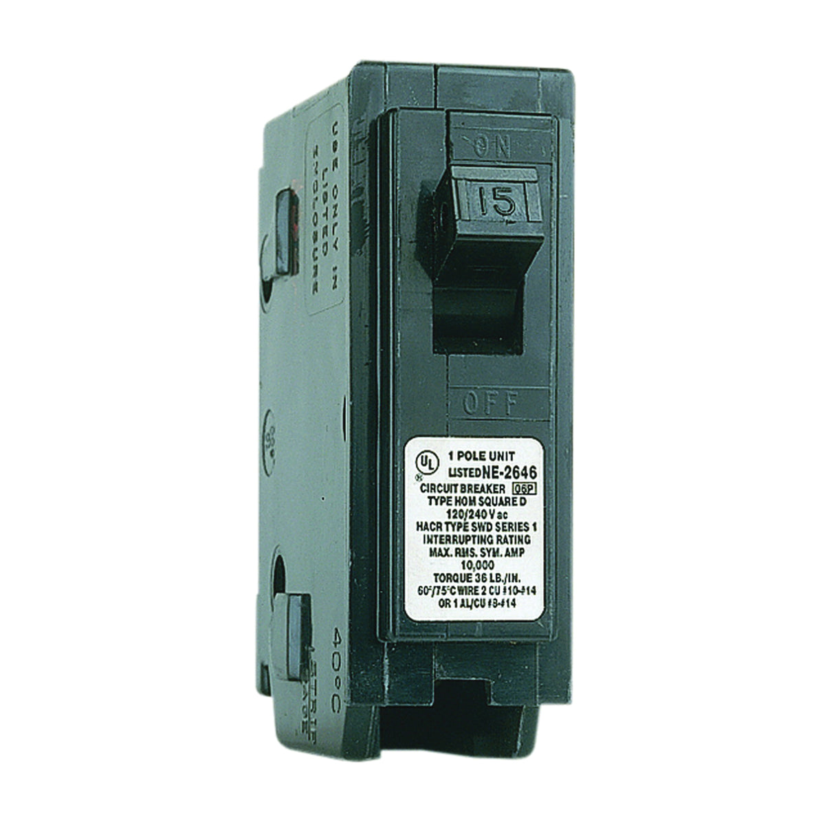 Square D Homeline HOM115CP Circuit Breaker, Mini, 15 A, 1 -Pole, 120 V, Fixed Trip, Plug Mounting, Black