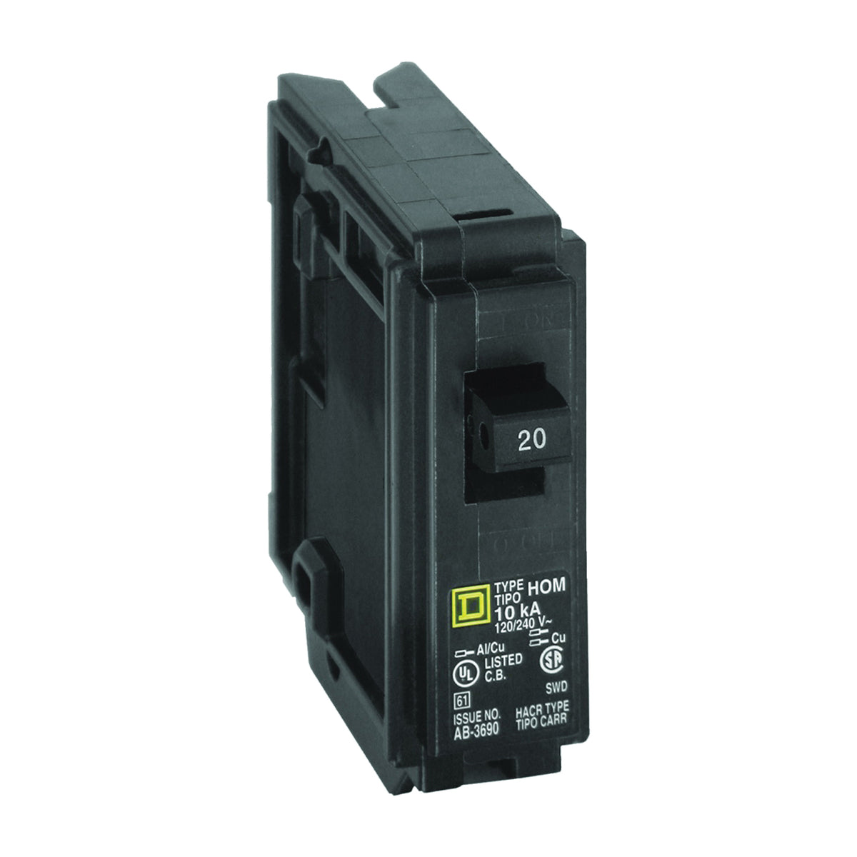 Square D Homeline HOM120CP Circuit Breaker, Mini, 20 A, 1 -Pole, 120 V, Fixed Trip, Plug Mounting, Black