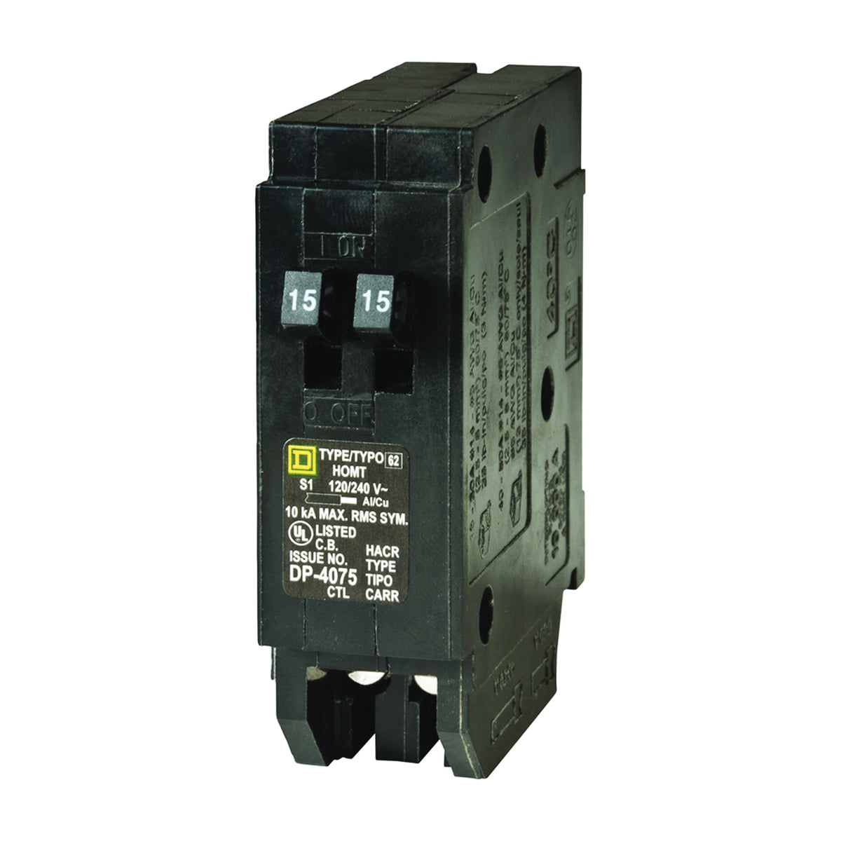 Square D Homeline HOMT1515CP Circuit Breaker, Mini, Tandem, 15 A, 1 -Pole, 120/240 V, Fixed Trip, Plug Mounting