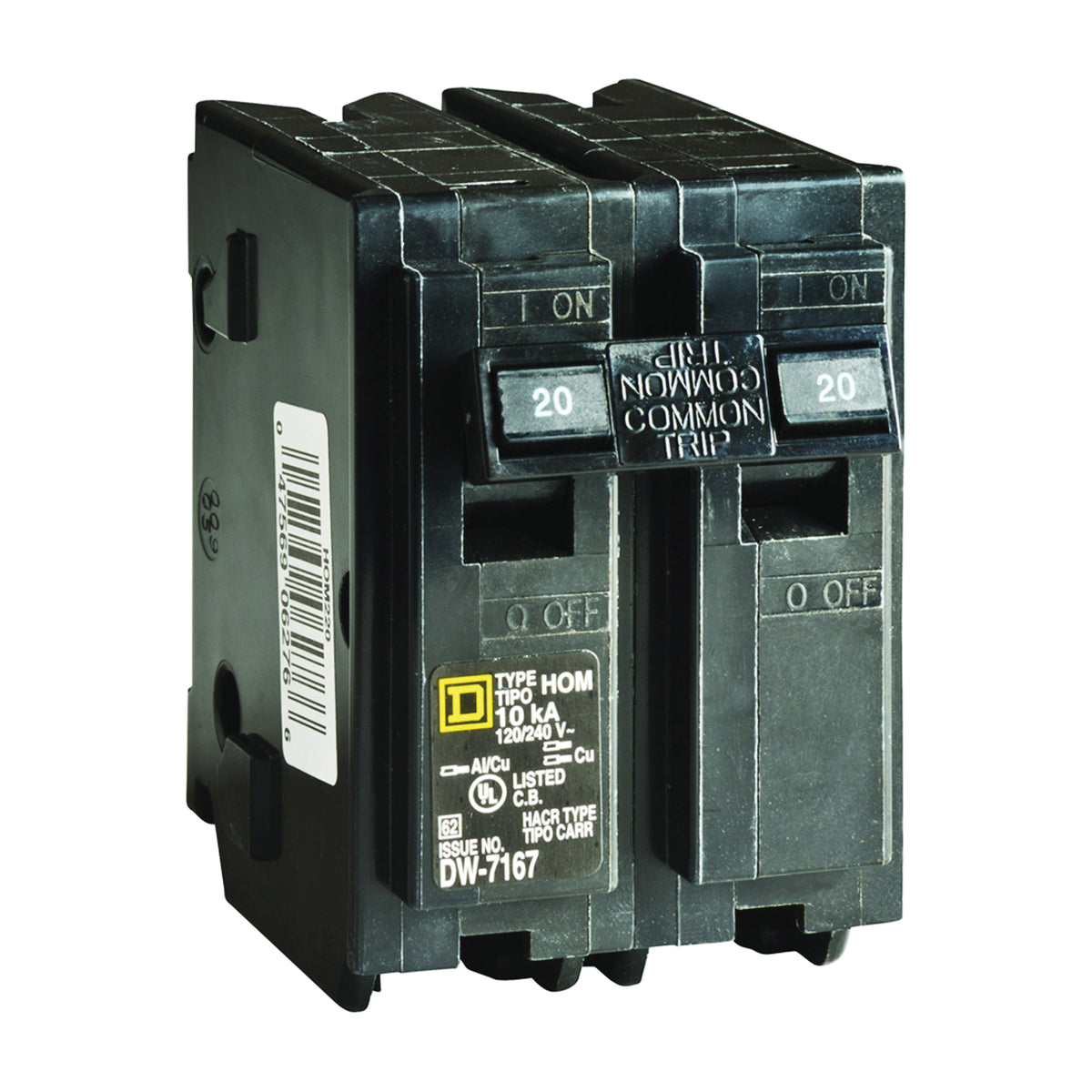 Square D Homeline HOM220CP Circuit Breaker, Mini, 20 A, 2 -Pole, 120/240 V, Fixed Trip, Plug Mounting, Black