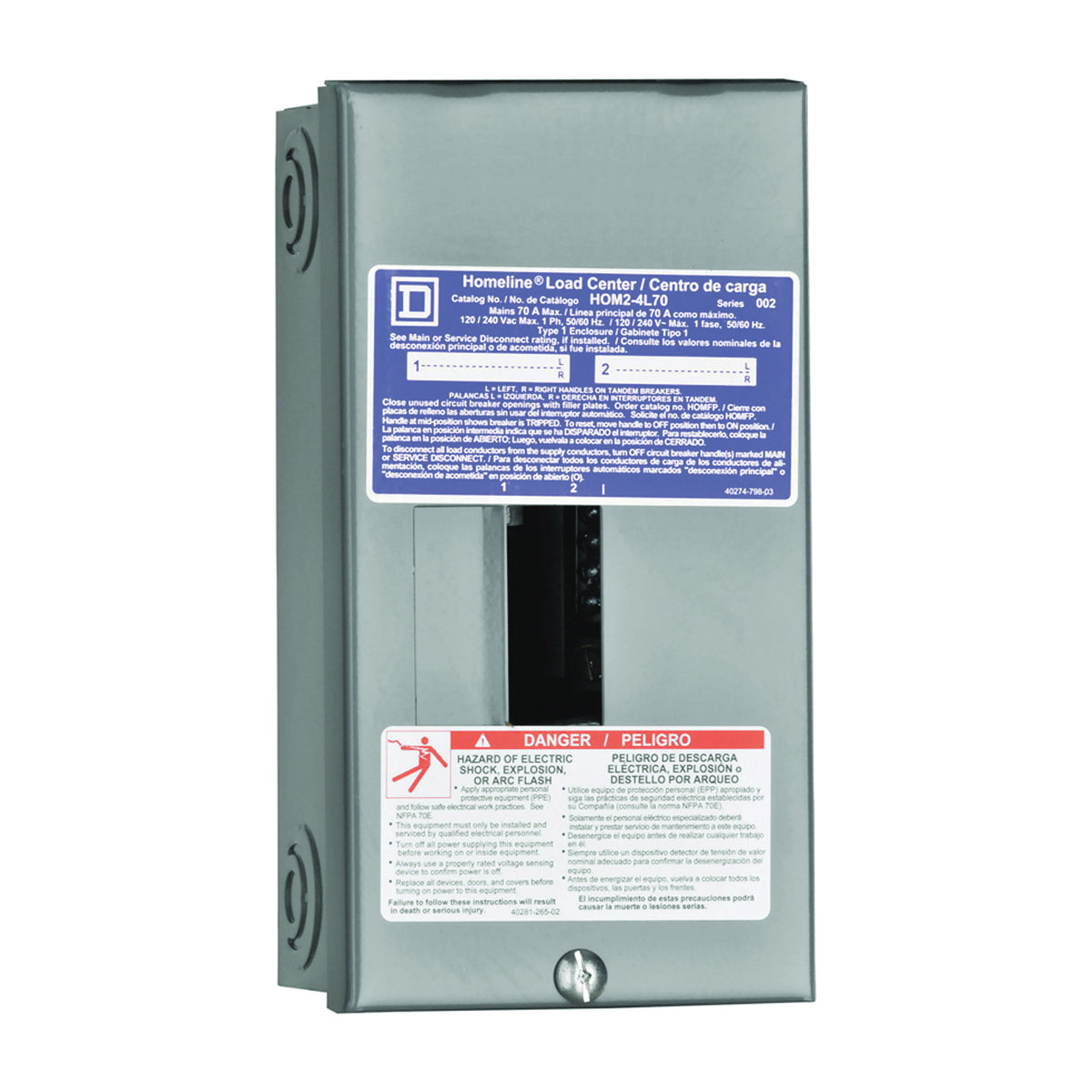 Square D Homeline HOM24L70SCP Load Center, 70 A, 2 -Space, 4 -Circuit, Main Lug, NEMA 1 Enclosure, Plug Mounting