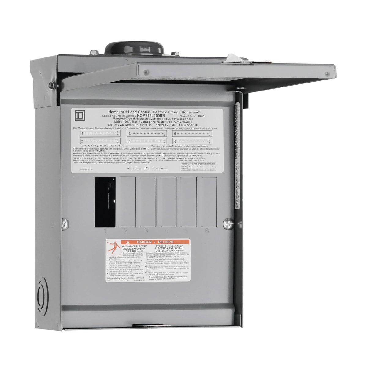 Square D Homeline HOM612L100RBCP Load Center, 100 A, 6 -Space, 12 -Circuit, Main Lug, NEMA 3R Enclosure, Gray
