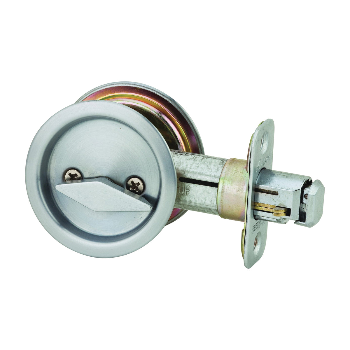 Kwikset 33526DROUNDPOCKET Pocket Door Lock, Satin Chrome, 2-3/8 in Backset