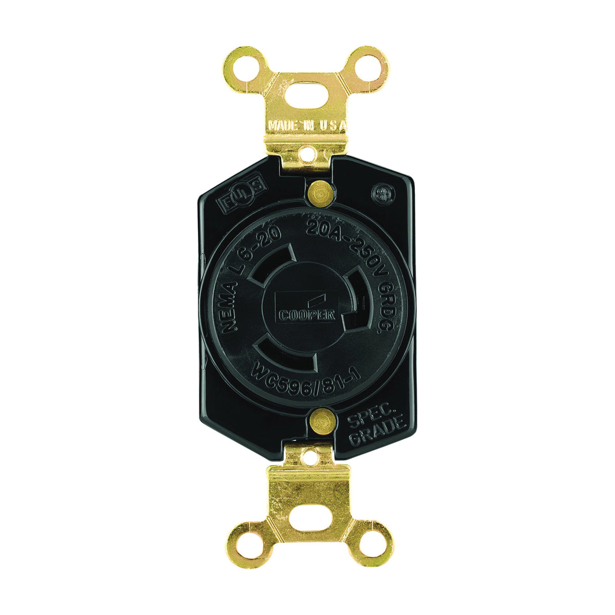 Eaton Wiring Devices L620R Single Receptacle, 2 -Pole, 250 V, 20 A, Back and Side Wiring, NEMA: NEMA L6-20, Black