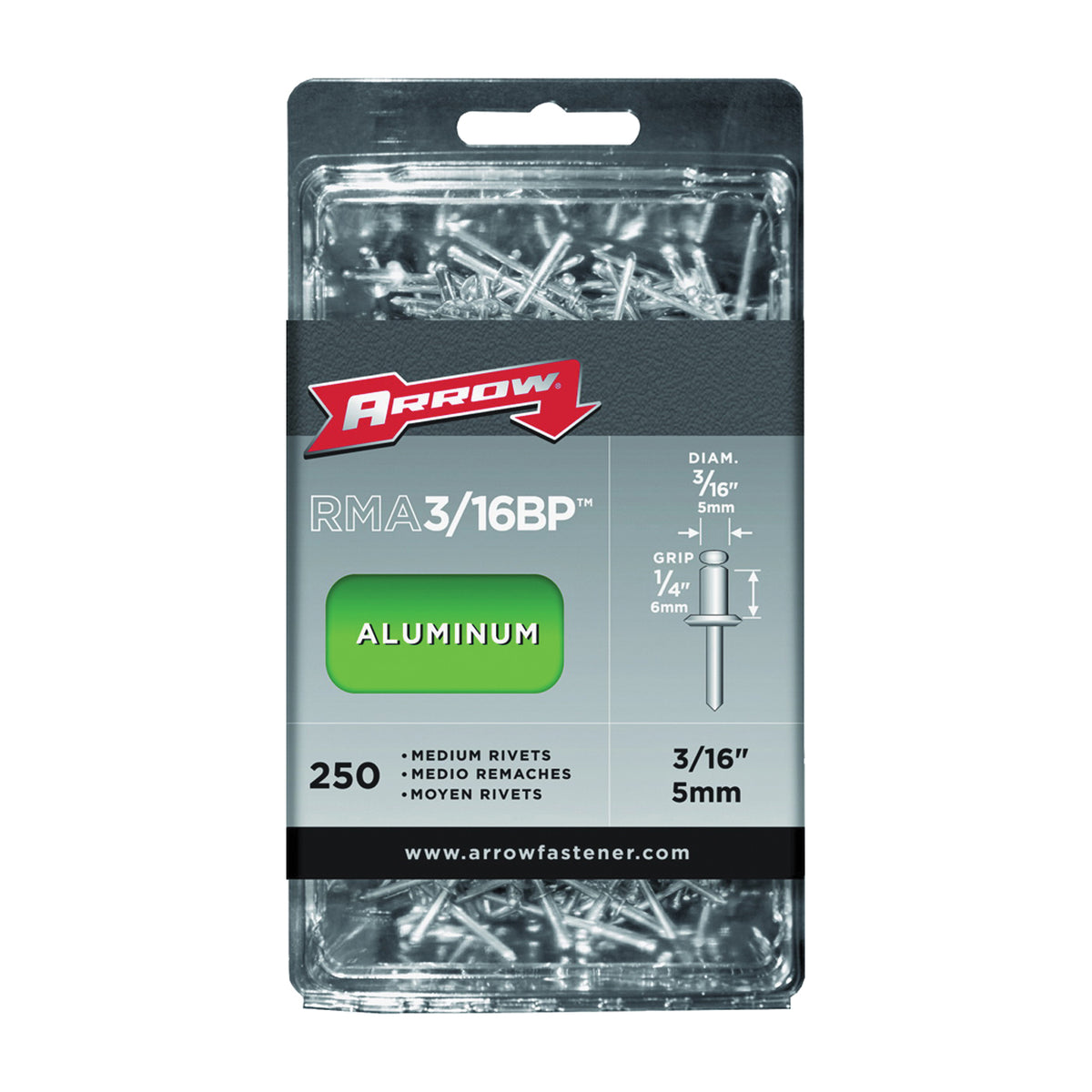 Arrow RMA3/16BP Pop Rivet, Medium, 1/4 in L, Aluminum