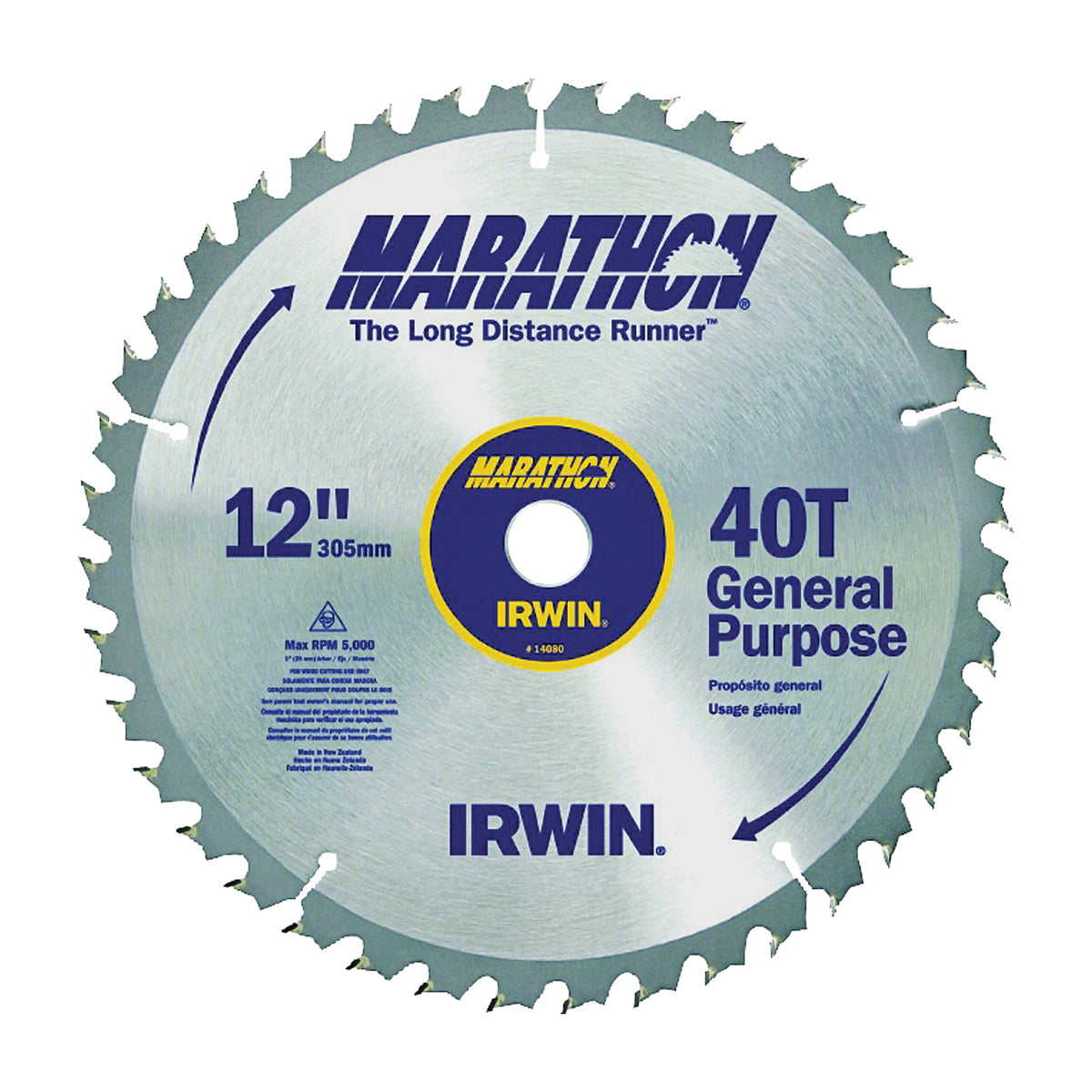 IRWIN MARATHON 14080 Table Saw Blade, 12 in Dia, 1 in Arbor, 40-Teeth, Carbide Cutting Edge