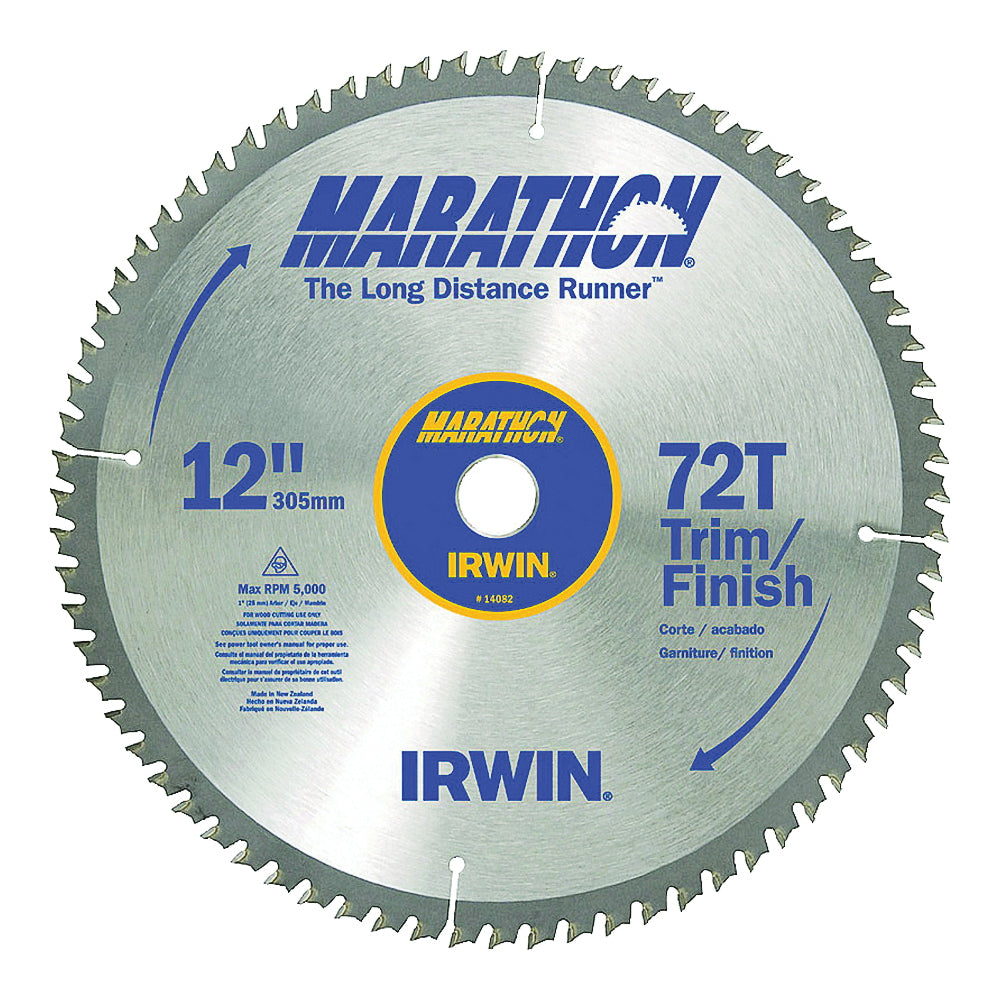 IRWIN MARATHON 14082 Table Saw Blade, 12 in Dia, 1 in Arbor, 72-Teeth, Carbide Cutting Edge