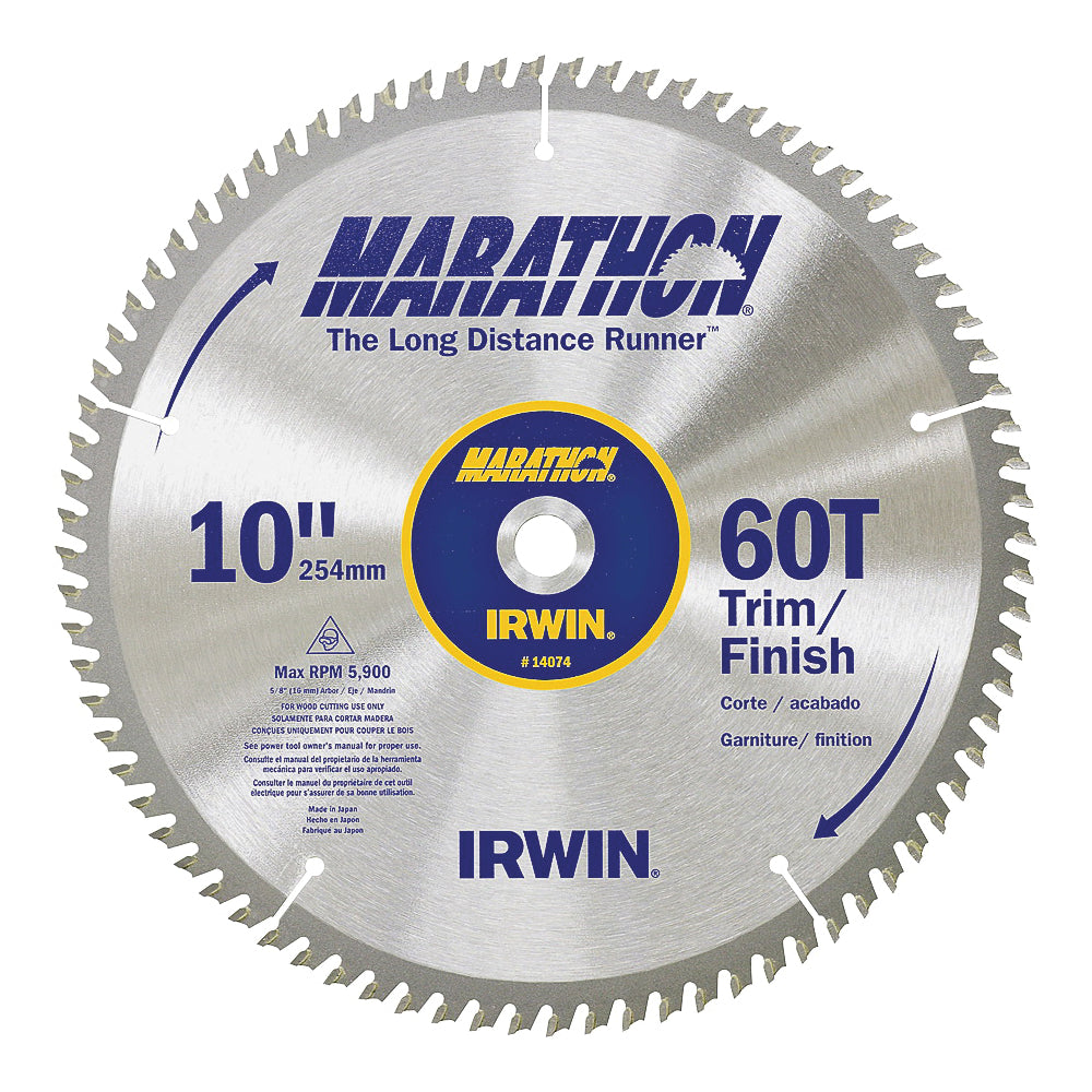 IRWIN MARATHON 14074 Table Saw Blade, 10 in Dia, 5/8 in Arbor, 60-Teeth, Carbide Cutting Edge