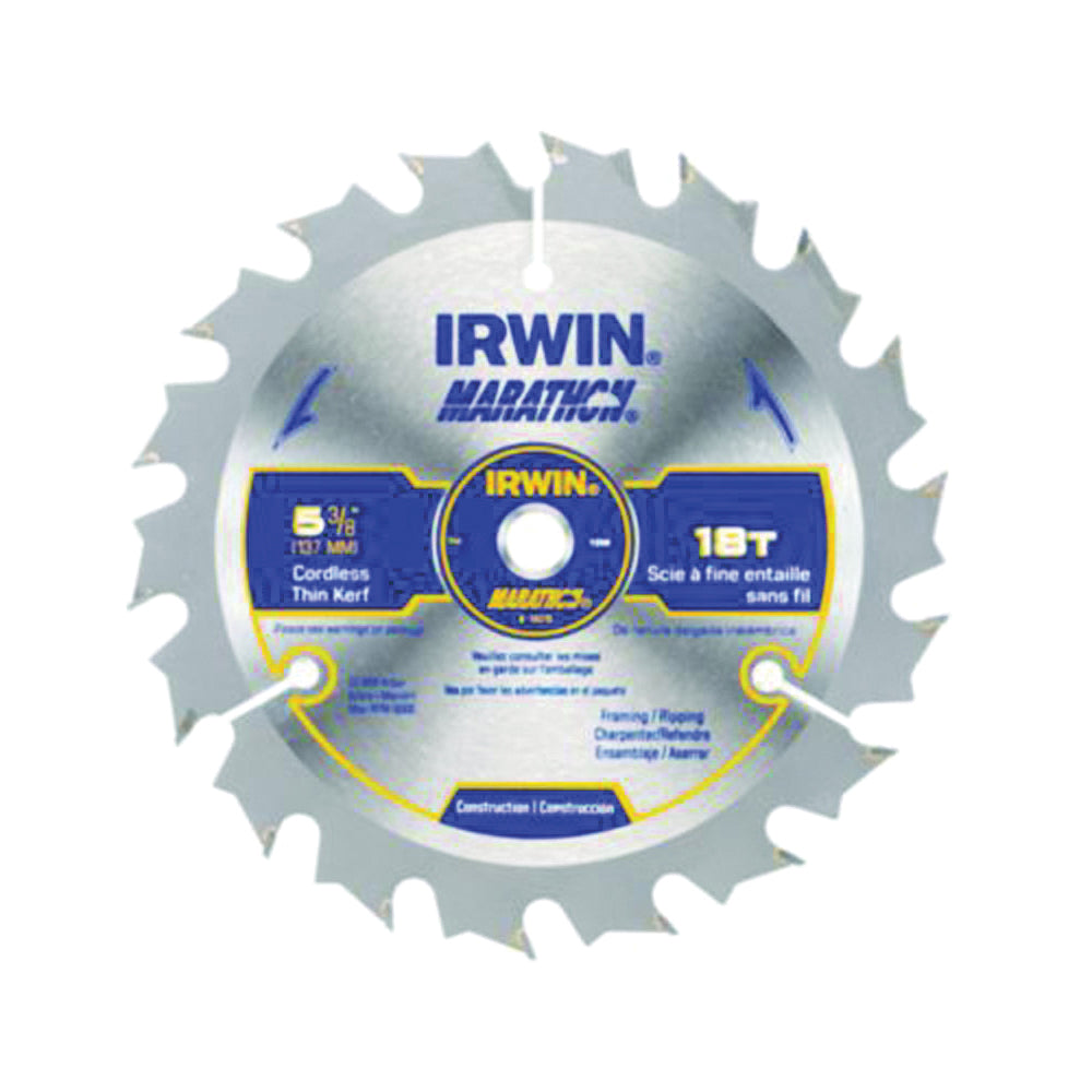 IRWIN MARATHON 14015 Circular Saw Blade, 5-3/8 in Dia, 0.39 in Arbor, 18-Teeth, Carbide Cutting Edge