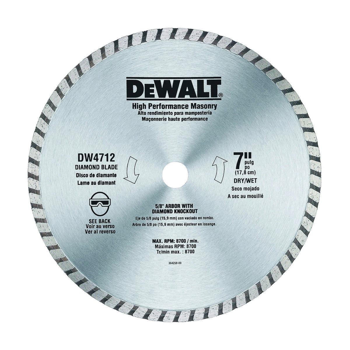 DeWALT DW4712 Circular Blade, 7 in Dia, 7/8 in Arbor, Diamond Cutting Edge