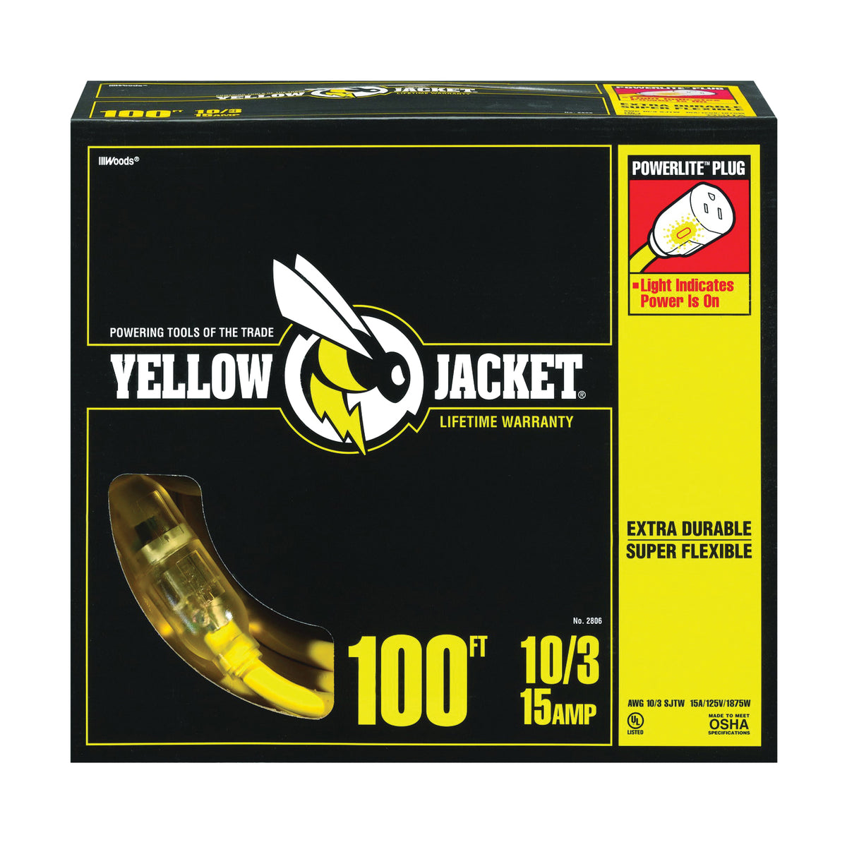 CCI 2806 Extension Cord, 10 AWG Cable, 100 ft L, 15 A, 125 V, Yellow