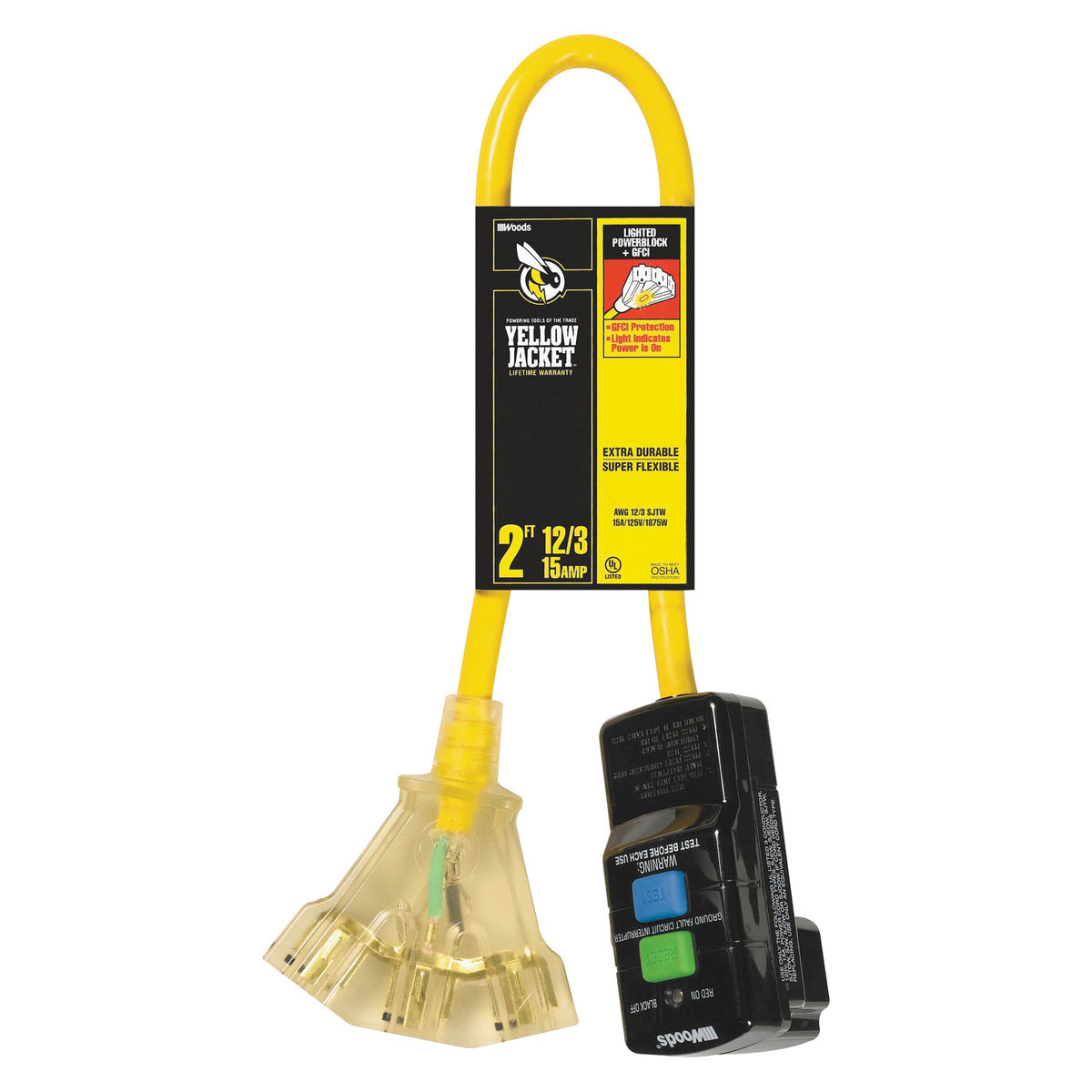 CCI 2814 Power Block, 2 ft Cable, Female, Male, 15 A, 125 V, Yellow