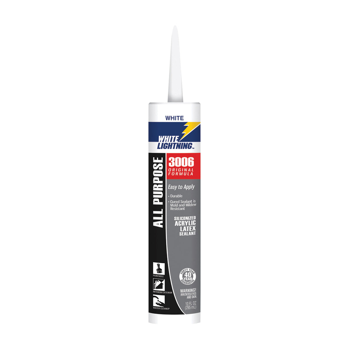 WHITE LIGHTNING W12AF0010 Adhesive Caulk, White, 5 to 7 days Curing, 40 deg F, 10 fl-oz Cartridge