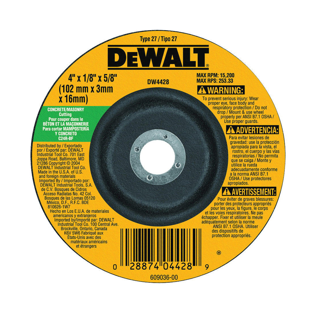 DeWALT DW4428 Grinding Wheel, 4 in Dia, 1/8 in Thick, 5/8 in Arbor, 24 Grit, Coarse, Silicone Carbide Abrasive