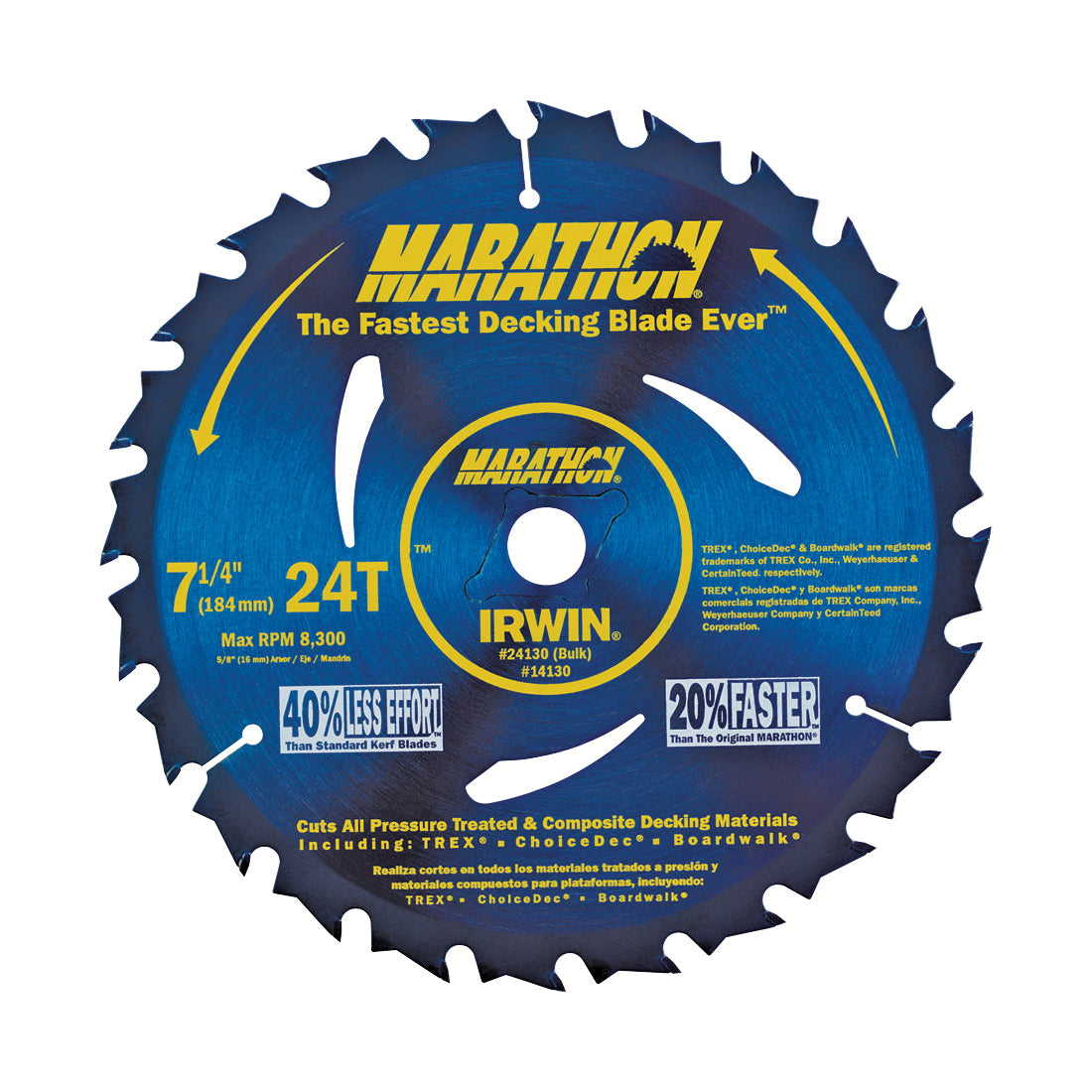 IRWIN MARATHON 14130 Circular Saw Blade, 7-1/4 in Dia, 5/8 in Arbor, 24-Teeth, Carbide Cutting Edge