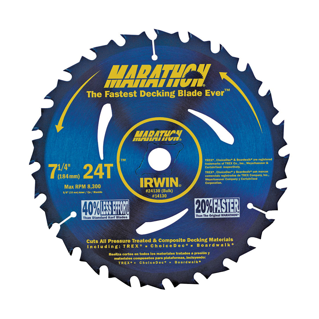 IRWIN MARATHON 24130 Circular Saw Blade, 7-1/4 in Dia, 5/8 in Arbor, 24-Teeth, Carbide Cutting Edge