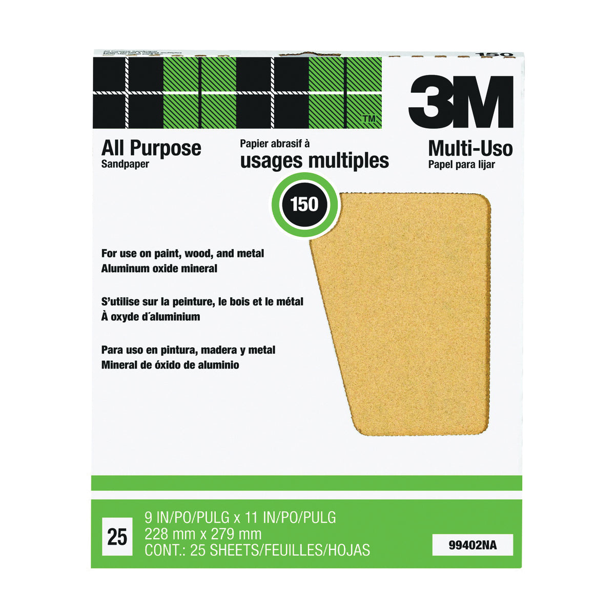 3M 99402 Sandpaper Sheet, 11 in L, 9 in W, Fine, 150 Grit, Aluminum Oxide Abrasive, Paper Backing