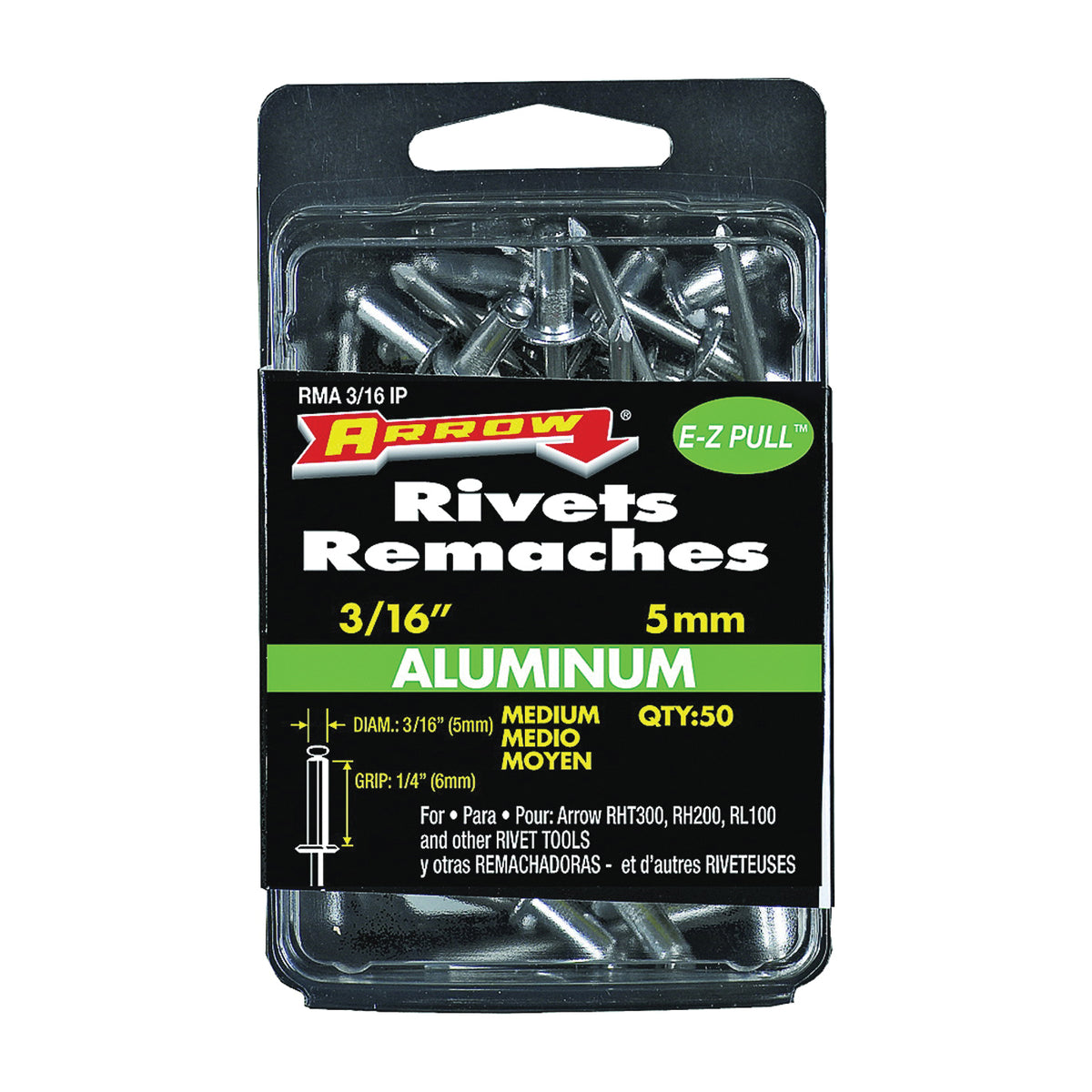 Arrow RMA3/16IP Pop Rivet, Medium, 1/4 in L, Aluminum