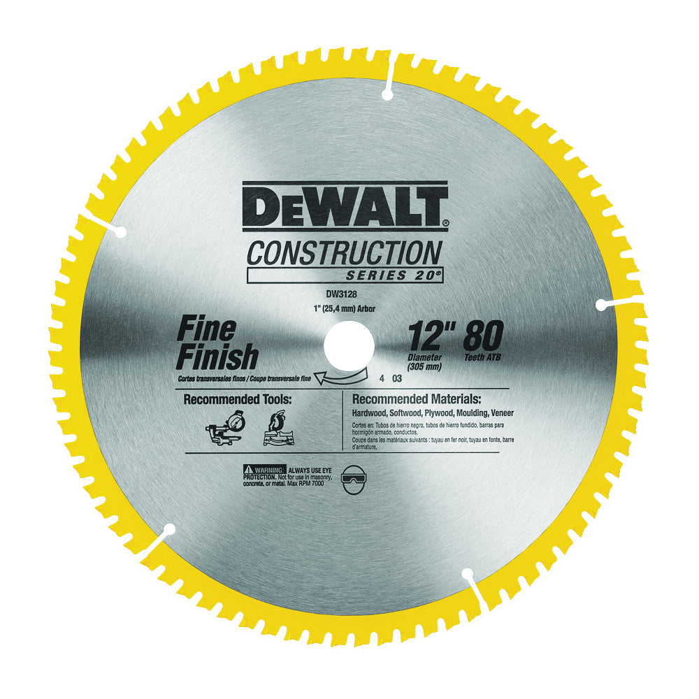 DeWALT DW3128 Saw Blade, 12 in Dia, 1 in Arbor, 80-Teeth, Carbide Cutting Edge
