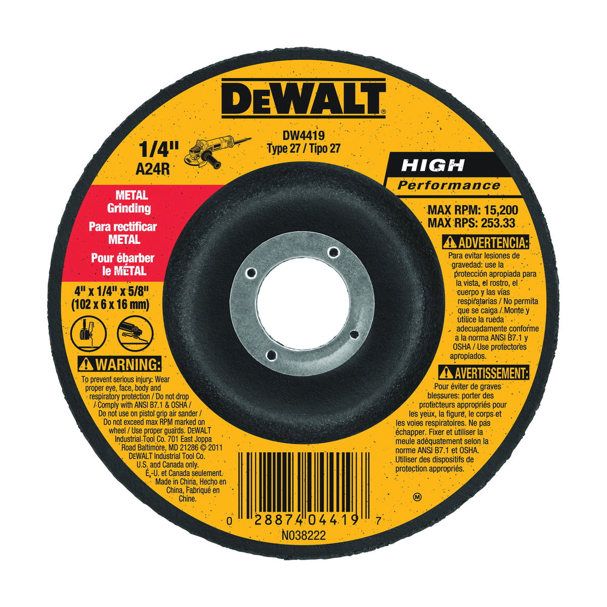 DeWALT DW4419 Grinding Wheel, 4 in Dia, 1/4 in Thick, 5/8 in Arbor, 24 Grit, Very Coarse, Aluminum Oxide Abrasive