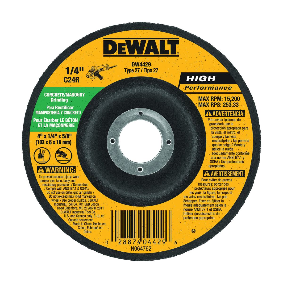 DeWALT DW4429 Grinding Wheel, 4 in Dia, 1/4 in Thick, 5/8 in Arbor, 24 Grit, Very Coarse