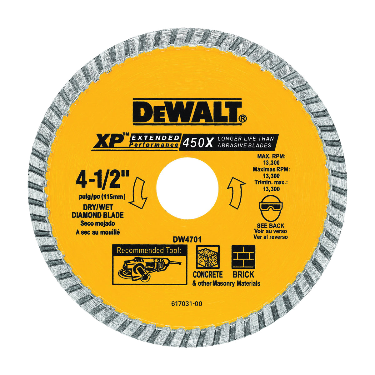 DeWALT DW4701 Circular Blade, 4-1/2 in Dia, 7/8 in Arbor, Diamond Cutting Edge, Continuous Rim