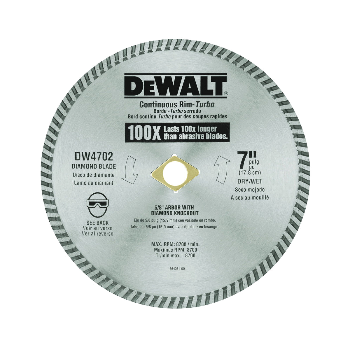 DeWALT DW4702 Circular Blade, 7 in Dia, 5/8 in Arbor, Diamond Cutting Edge, Continuous Rim