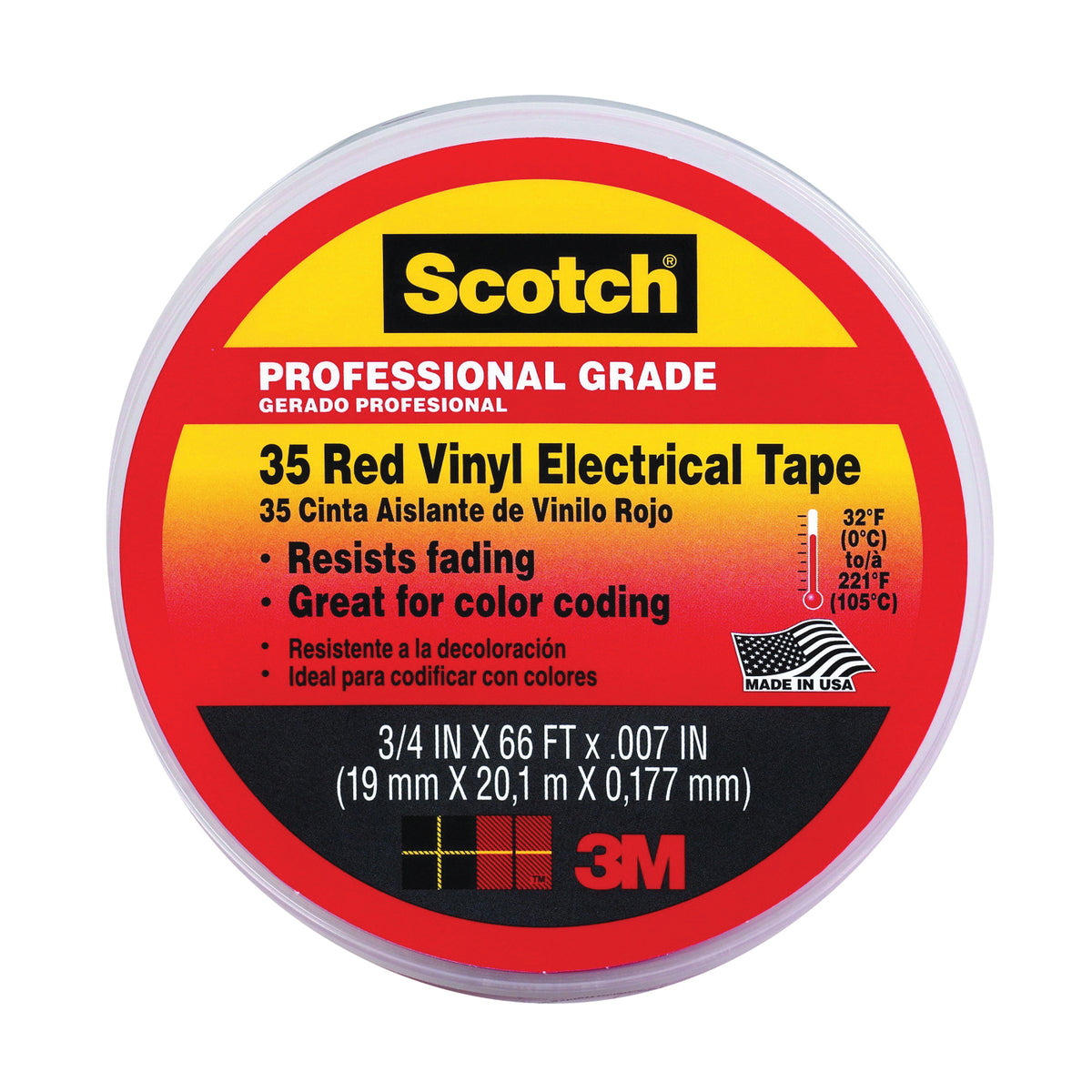 Scotch 10810-DL-2W Electrical Tape, 66 ft L, 3/4 in W, PVC Backing, Red