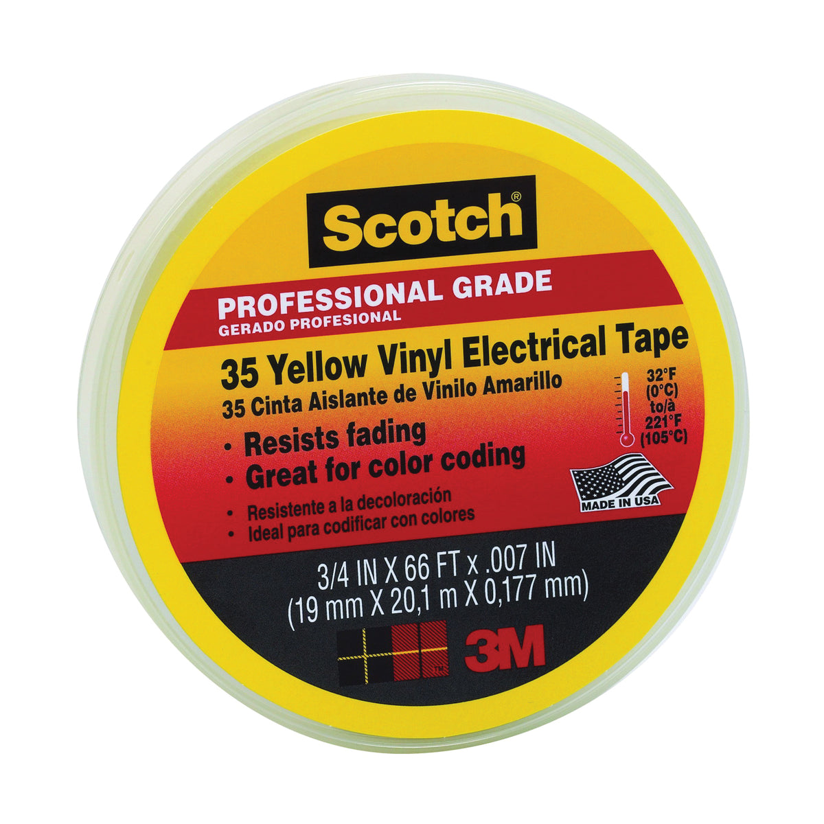 Scotch 10844-DL-5 Electrical Tape, 66 ft L, 3/4 in W, PVC Backing, Yellow