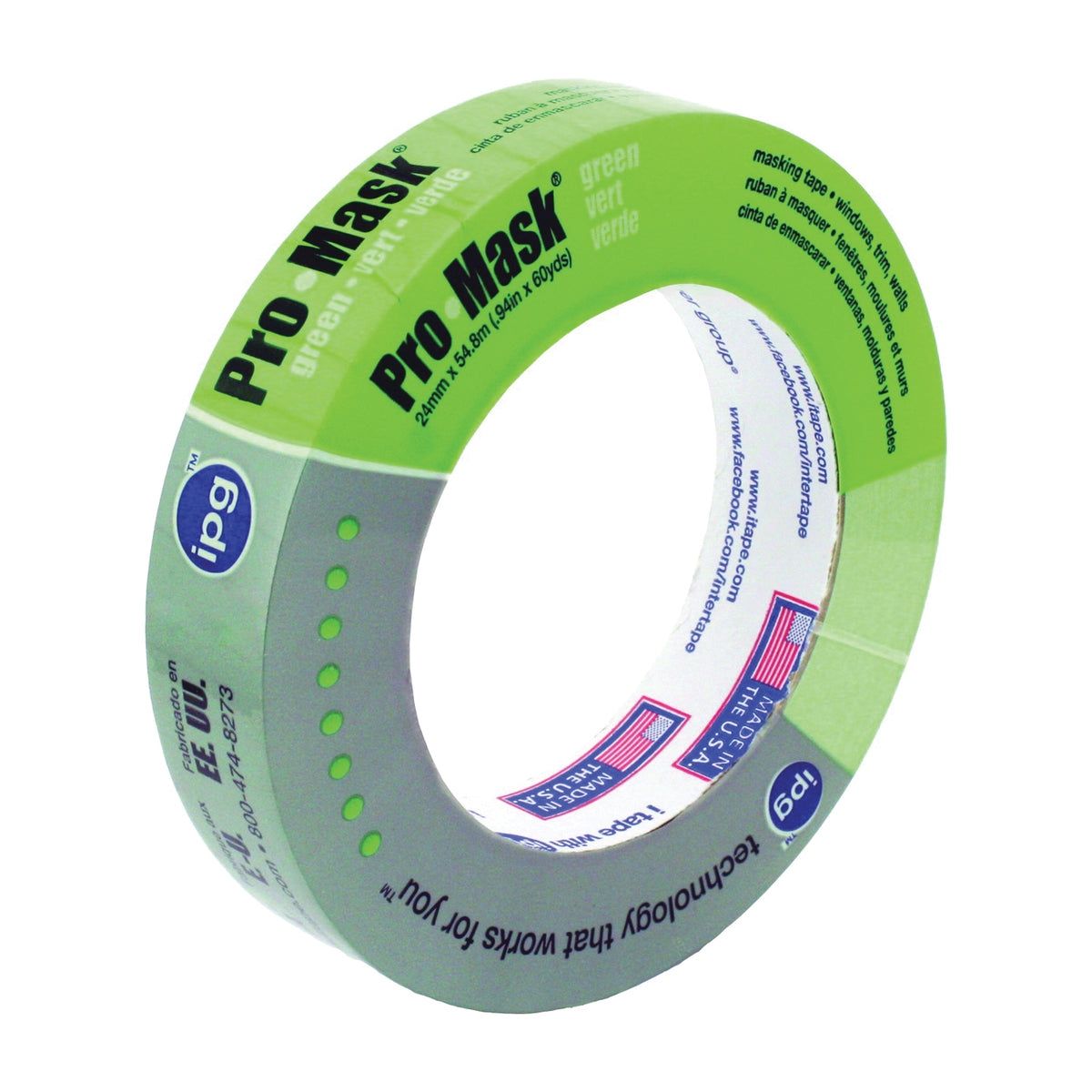 IPG 5803-1 Masking Tape, 60 yd L, 0.94 in W, Crepe Paper Backing, Light Green