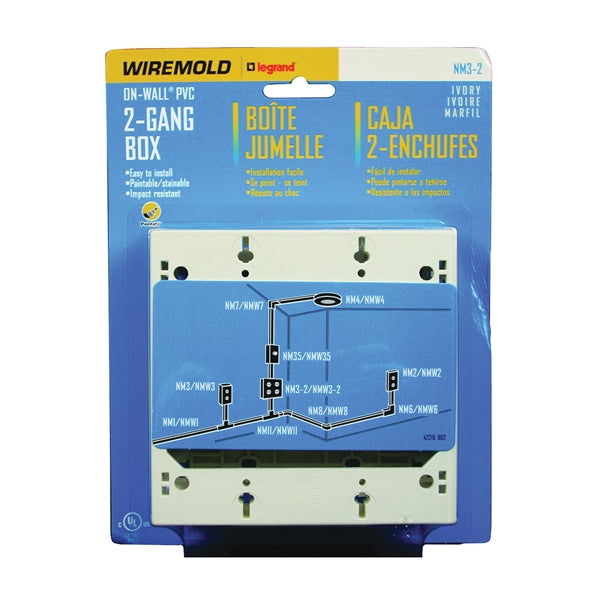 Wiremold NM NM3-2 Outlet Box, 2 -Gang, 0 -Knockout, Plastic, Ivory, Wall Mounting