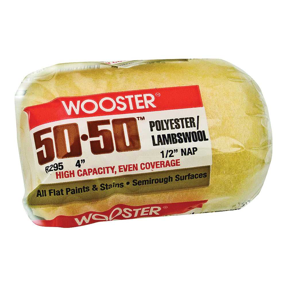 WOOSTER R295-4 Paint Roller Cover, 1/2 in Thick Nap, 4 in L, Knit Fabric/Lambs Wool/Polyester Cover, Creamy