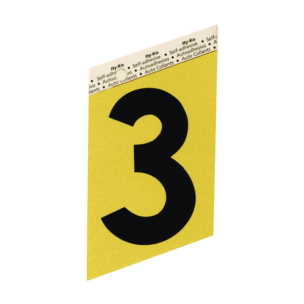 HY-KO GG-25/3 House Number, Character: 3, 3-1/2 in H Character, Black Character, Gold Background, Aluminum