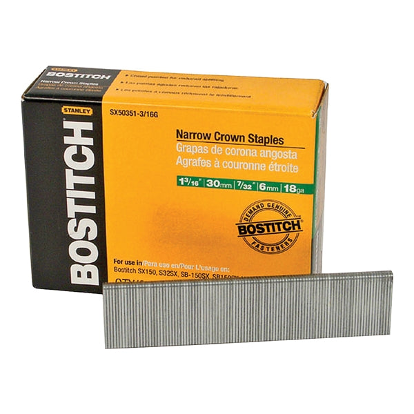 Bostitch SX50351-3/16G Crown Staple, 7/32 in W Crown, 1-3/16 in L Leg, 18 Gauge, Steel