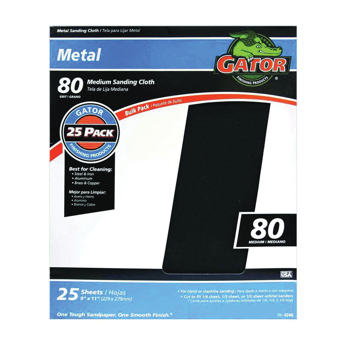 Gator 3291 Sanding Sheet, 11 in L, 9 in W, Medium, 80 Grit, Emery Abrasive, Cloth Backing