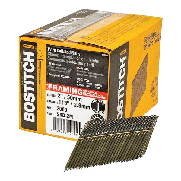 Bostitch S6D-FH Framing Nail, 2 in L, Steel, Full Round Head, Smooth Shank