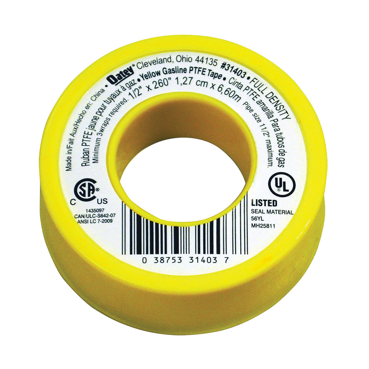 Oatey 31403 Thread Seal Tape, 260 in L, 1/2 in W, PTFE, Yellow