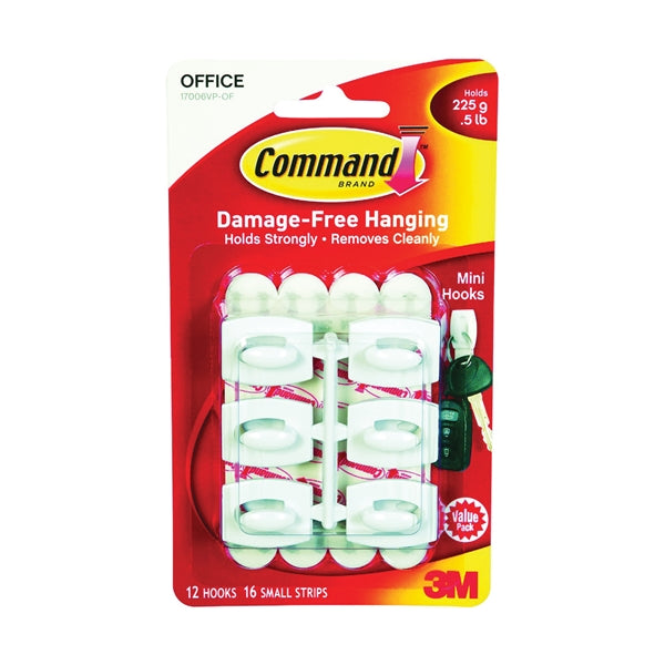 Command 17006-VP Adhesive Hook, 0.5 lb, 18-Hook, Plastic, White