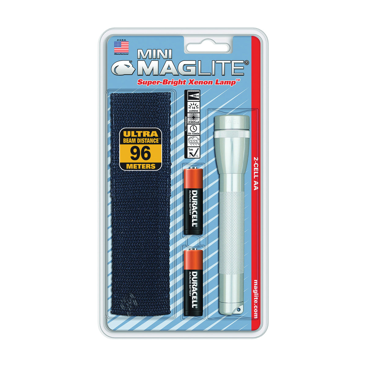 MAGLITE M2A10H Flashlight, AA Battery, Alkaline Battery, Incandescent Lamp, 14 Lumens, Flood to Spot Beam, Silver