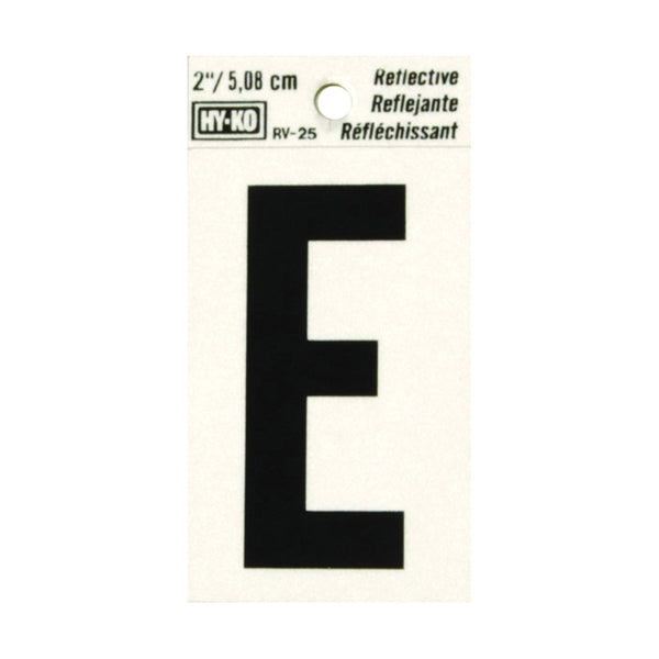 HY-KO RV-25/E Reflective Letter, Character: E, 2 in H Character, Black Character, Silver Background, Vinyl