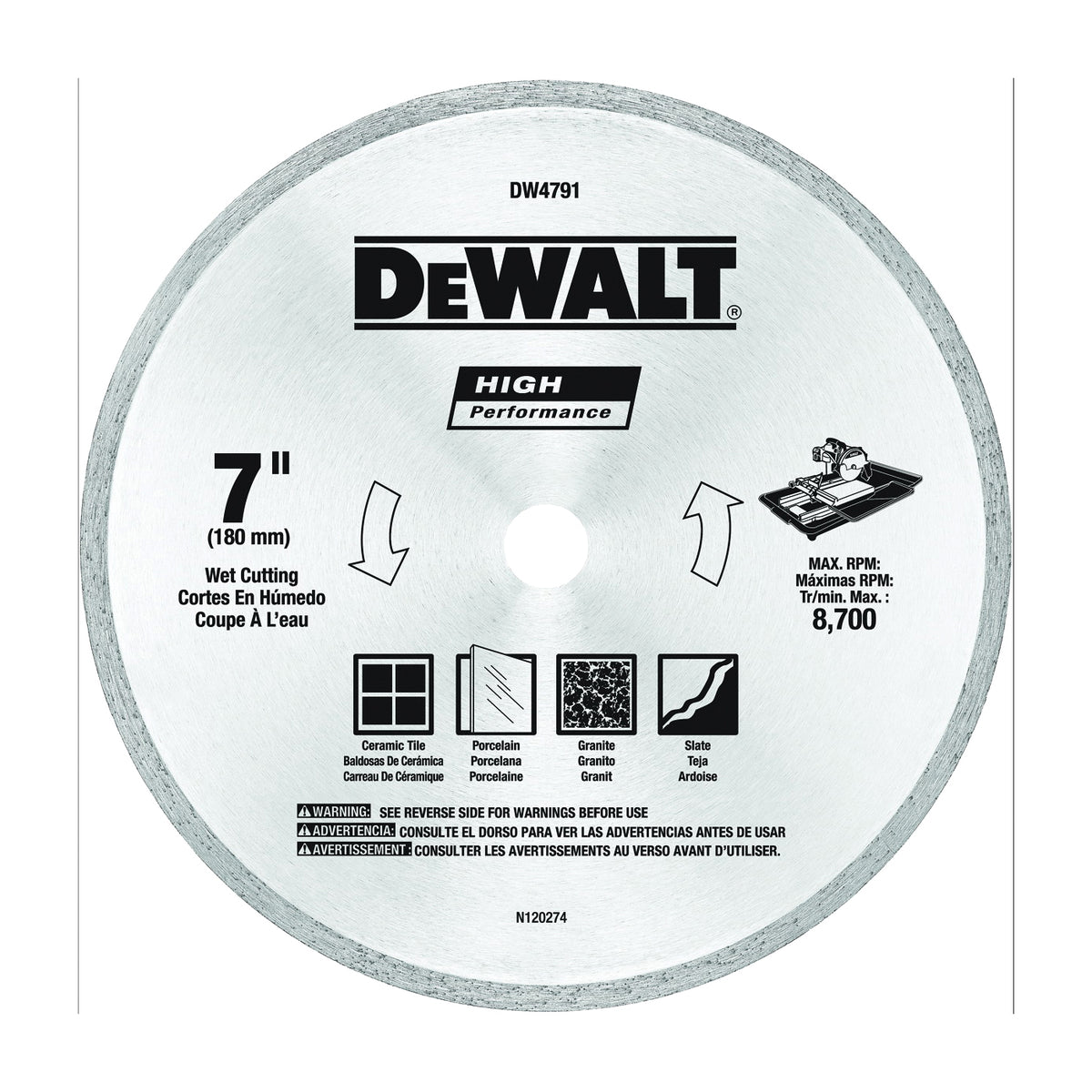 DeWALT DW4791 Circular Saw Blade, 7 in Dia, 5/8 in Arbor, Diamond Cutting Edge, Applicable Materials: Stone