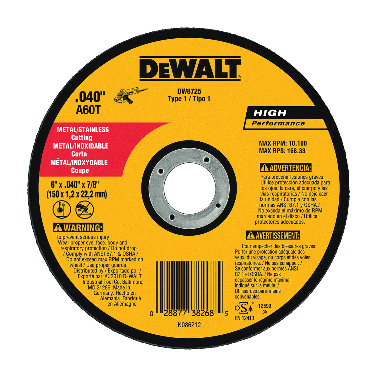 DeWALT DW8725 Cutting Wheel, 6 in Dia, 0.04 in Thick, 7/8 in Arbor, Very Fine, Aluminum Oxide Abrasive