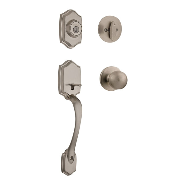 Kwikset 96870-099 Handleset, 3 Grade, Brass, Satin Nickel, 2-3/8 x 2-3/4 in Backset, KW1 Keyway, 1-3/4 in Thick Door