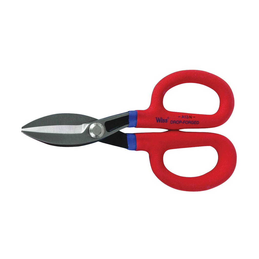 Crescent Wiss A13N/A13 Tinner Snip, 7 in OAL, Curved, Straight Cut, Steel Blade, Cushion-Grip Handle, Red Handle