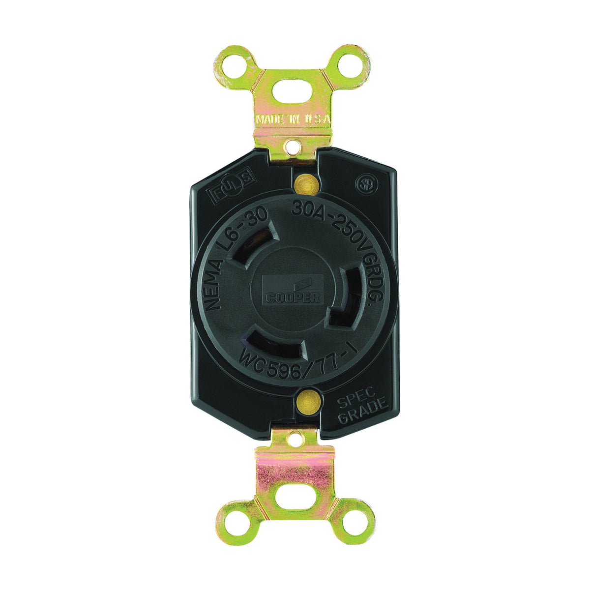 Eaton Wiring Devices L630R Single Receptacle, 2 -Pole, 250 V, 30 A, Back and Side Wiring, NEMA: NEMA L6-30, Black