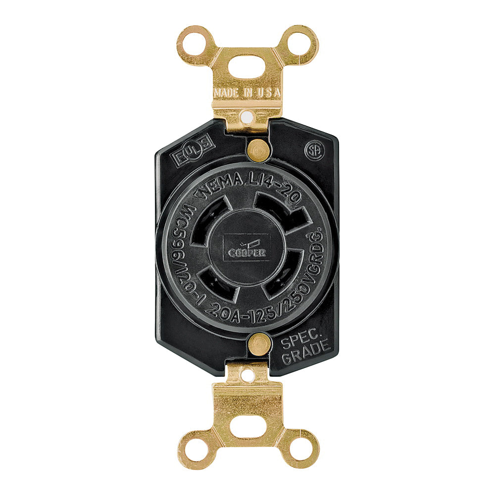 Eaton Wiring Devices L1420R Single Receptacle, 3 -Pole, 125/250 V, 20 A, Back and Side Wiring, NEMA: NEMA L14-20