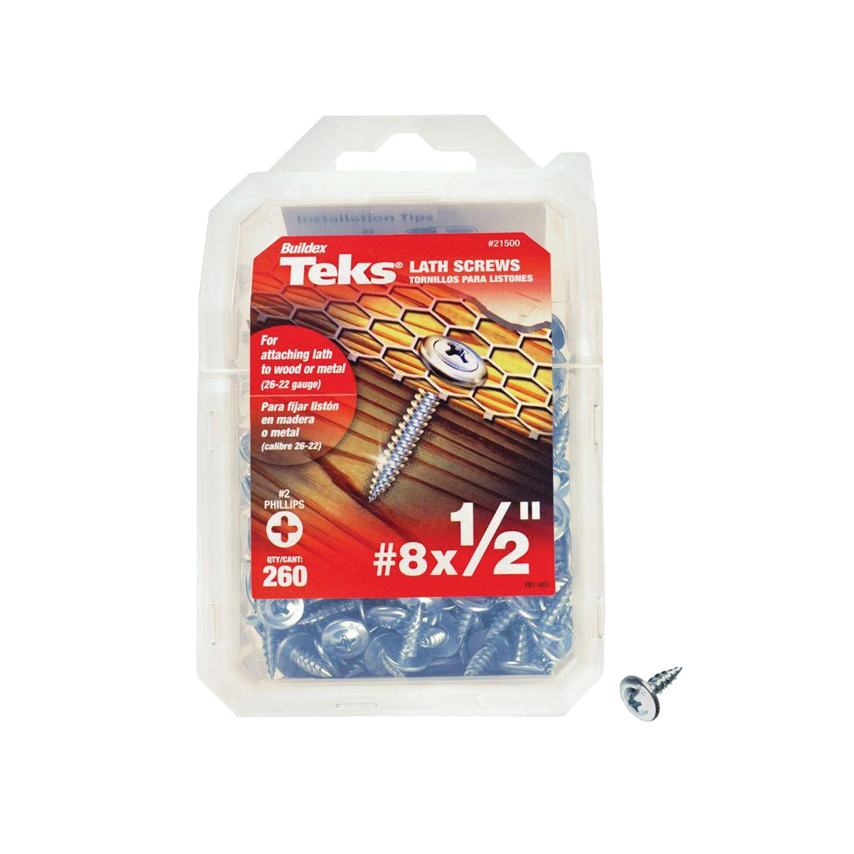 Teks 21500 Lath Screw, #8 Thread, Truss Head, Phillips Drive, Sharp Point, Steel, Zinc, 260 PK