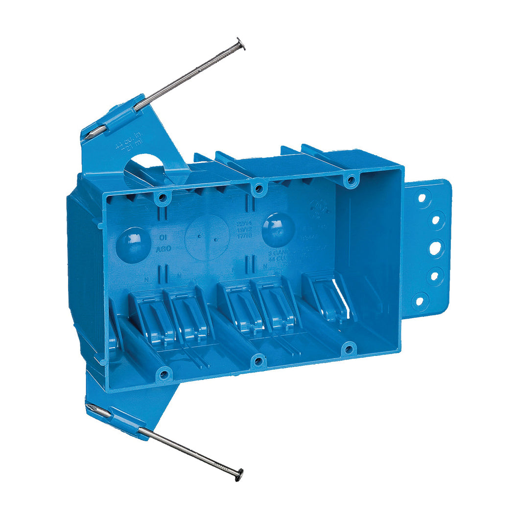 Carlon B344AB-UPC Outlet Box, 3 -Gang, PVC, Blue, Captive Nail, Bracket Mounting