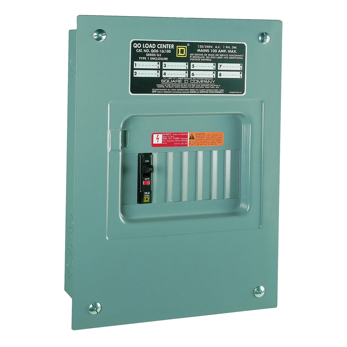 Square D QO QO816L100FCP Load Center, 100 A, 8 -Space, 16 -Circuit, Main Lug, NEMA 1 Enclosure, Plug Mounting