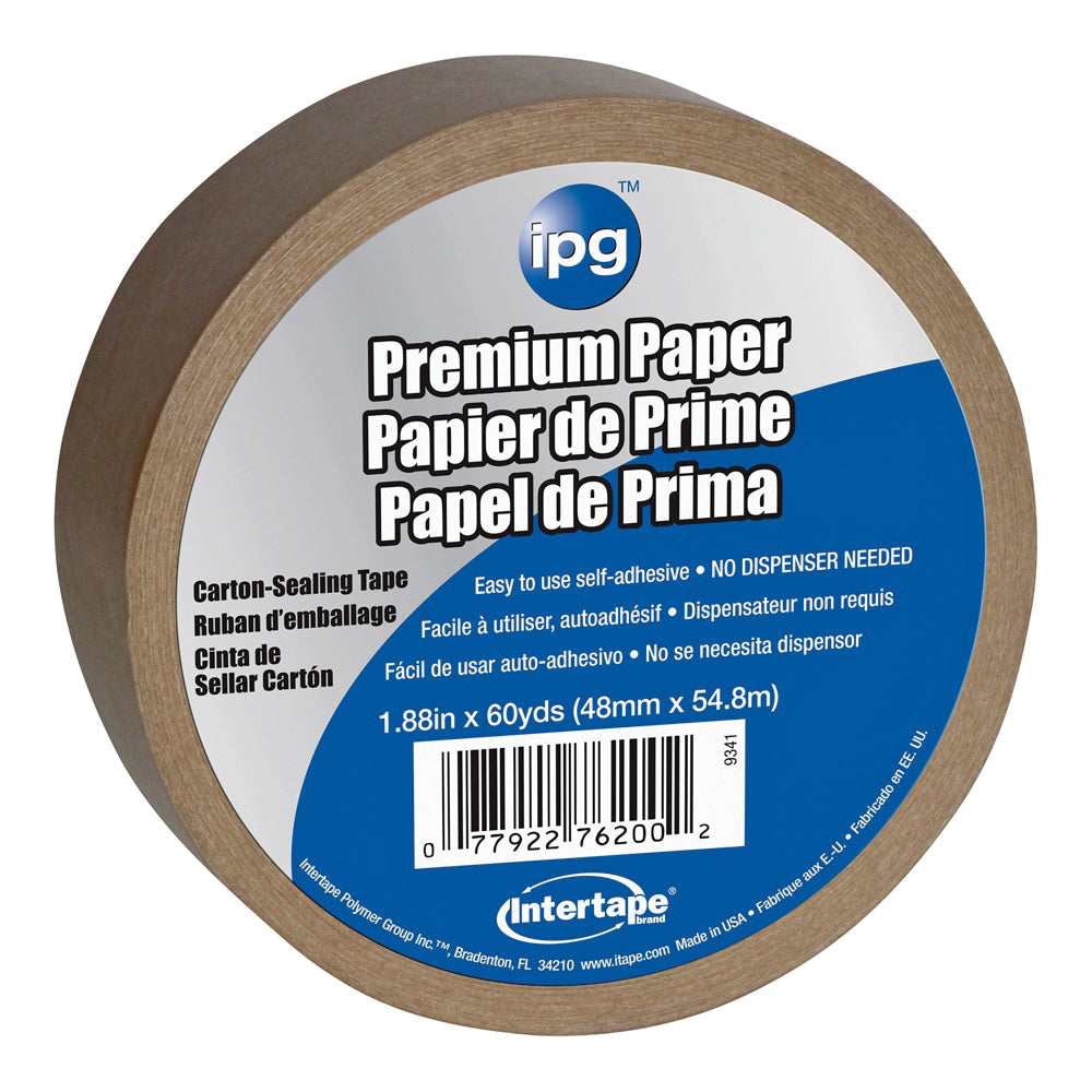 IPG 9341 Packaging Tape, 54.8 m L, 1.88 in W, Kraft Flat Back Paper Backing, Brown